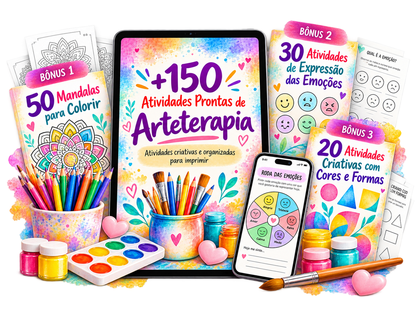 Mockup do material +150 Atividades Prontas de Arteterapia com os bônus